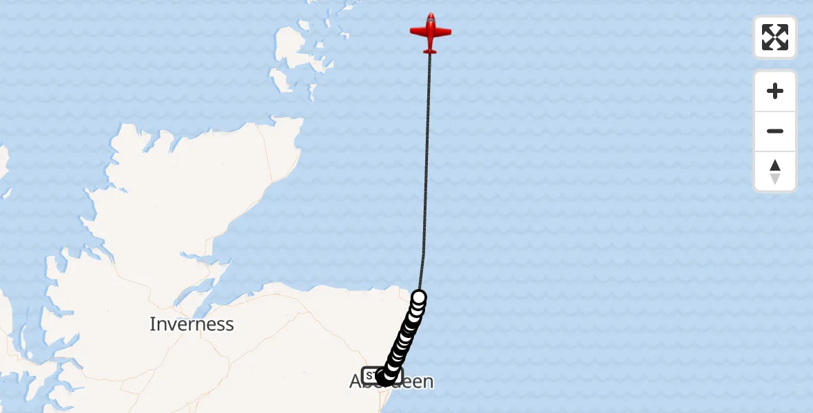 Flight path map showing Air Ambulance Aircraft route from Aberdeen International Airport to North Sea