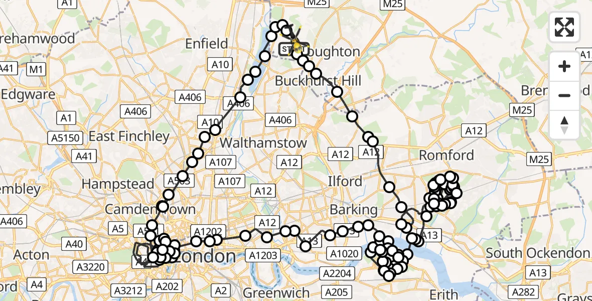 Flight path map showing Police Helicopter route from Metropolitan Police Air Support Unit Lippitts Hill to Sewardstonebury