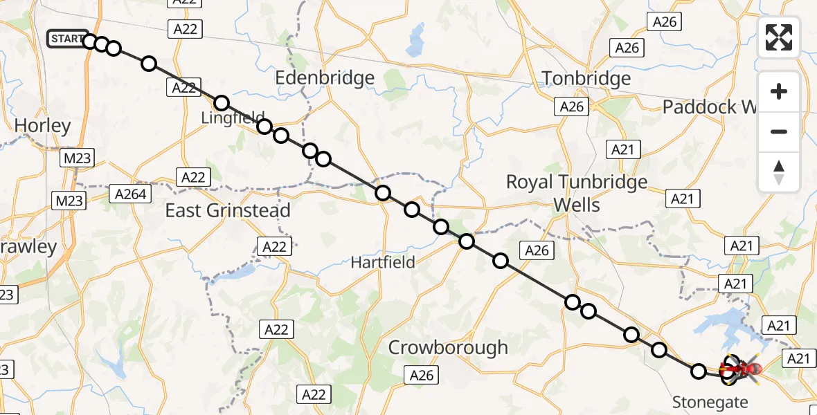 Flight path map showing Air Ambulance Helicopter route from Redhill Aerodrome to Ticehurst