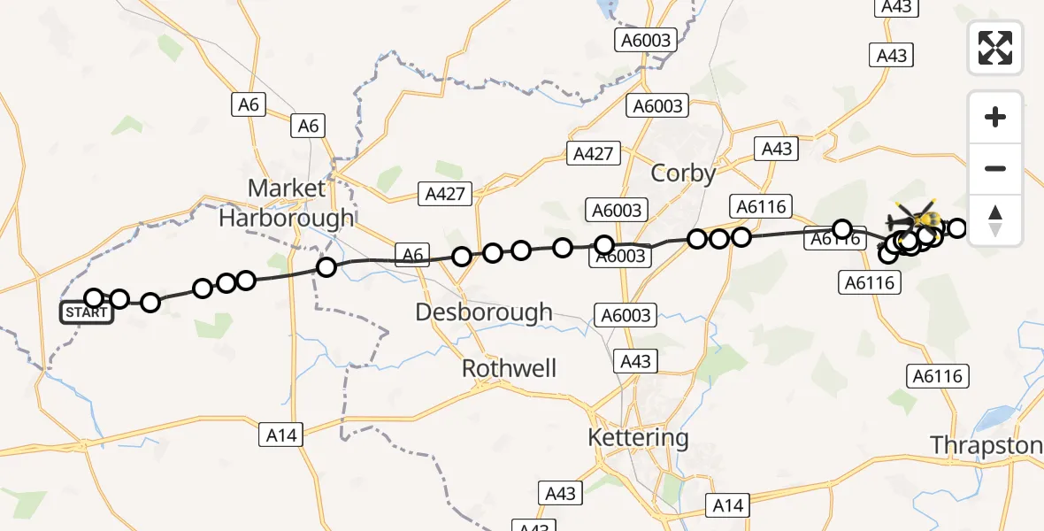 Flight path map showing Police Helicopter route from Husbands Bosworth Airfield to Benefield