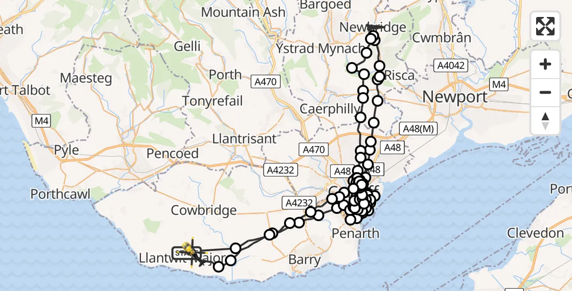 Flight path map showing Police Helicopter route from Llantwit Major to Boverton