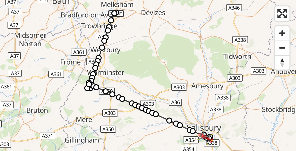 Flight path map showing Air Ambulance Helicopter route from Wiltshire Air Ambulance to Salisbury District Hospital