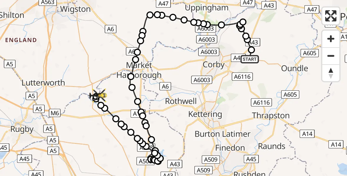 Flight path map showing Police Helicopter route from Weldon to Harborough
