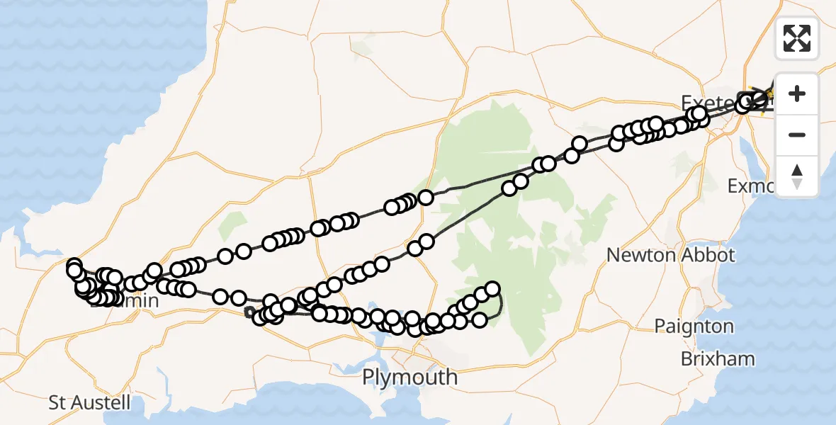 Flight path map showing Police Helicopter route from Exeter International Airport to Exeter International Airport