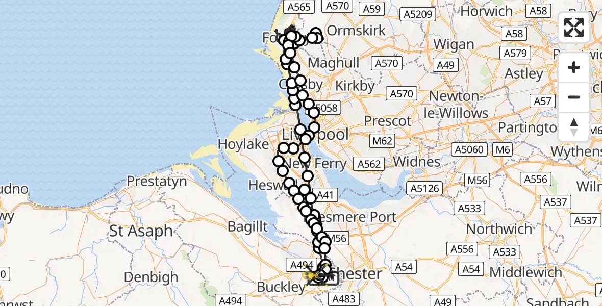 Flight path map showing Police Helicopter route from Hawarden Airport to Sandycroft