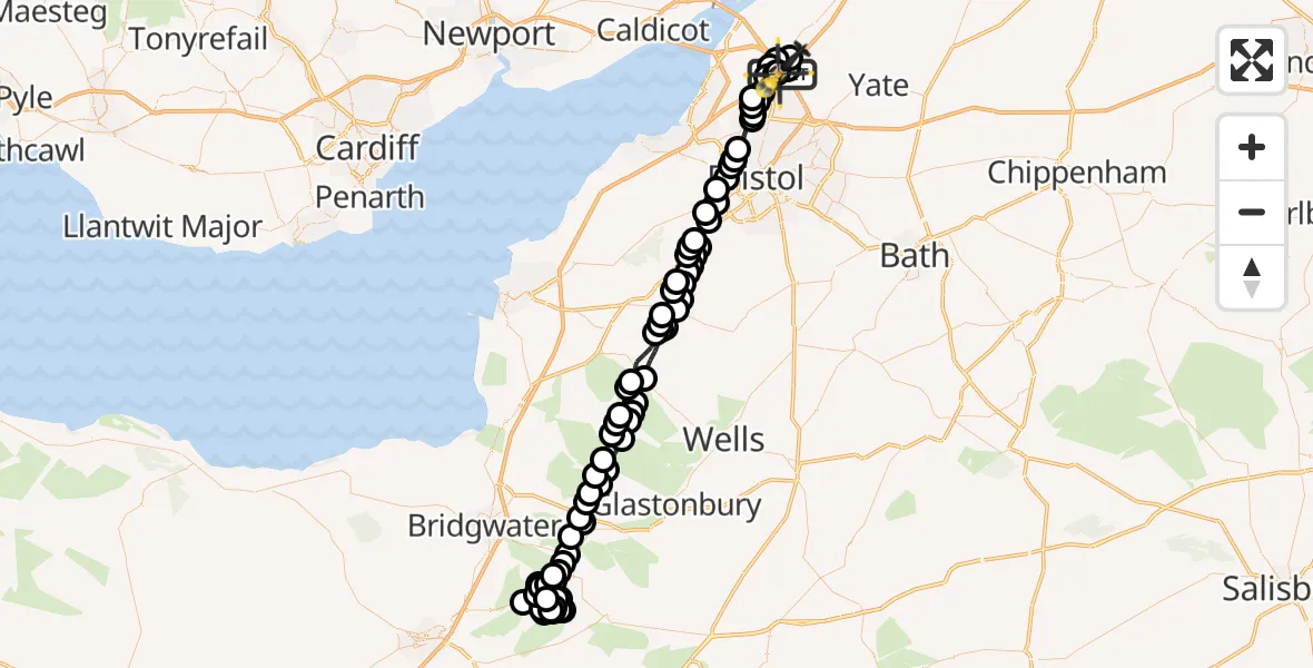 Flight path map showing Police Helicopter route from Almondsbury Helicopter Base to Almondsbury Helicopter Base