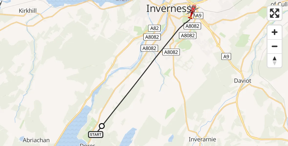 Flight path map showing Air Ambulance Helicopter route from Dores to Inverness