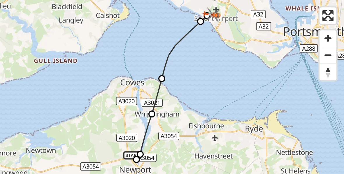 Flight path map showing Coastguard Helicopter route from St Marys Hospital Isle Of Wight to Solent Airport