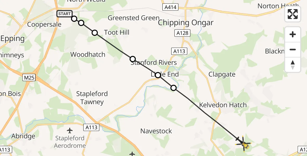 Flight path map showing Police Helicopter route from North Weald Airfield to Brentwood