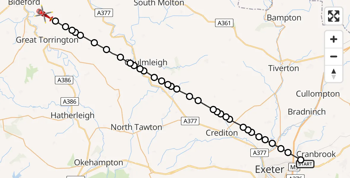 Flight path map showing Air Ambulance Helicopter route from Exeter International Airport to Torridge