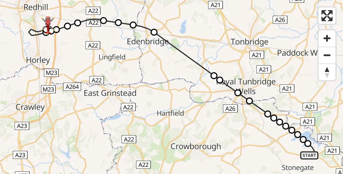 Routekaart van de vlucht: Air Ambulance Helicopter to Redhill Aerodrome