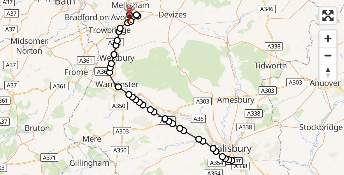 Flight path map showing Air Ambulance Helicopter route from Salisbury District Hospital to Wiltshire Air Ambulance