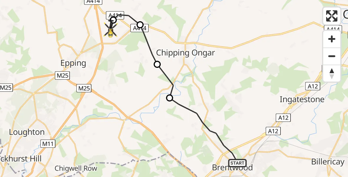 Flight path map showing Police Helicopter route from Brentwood to North Weald Airfield