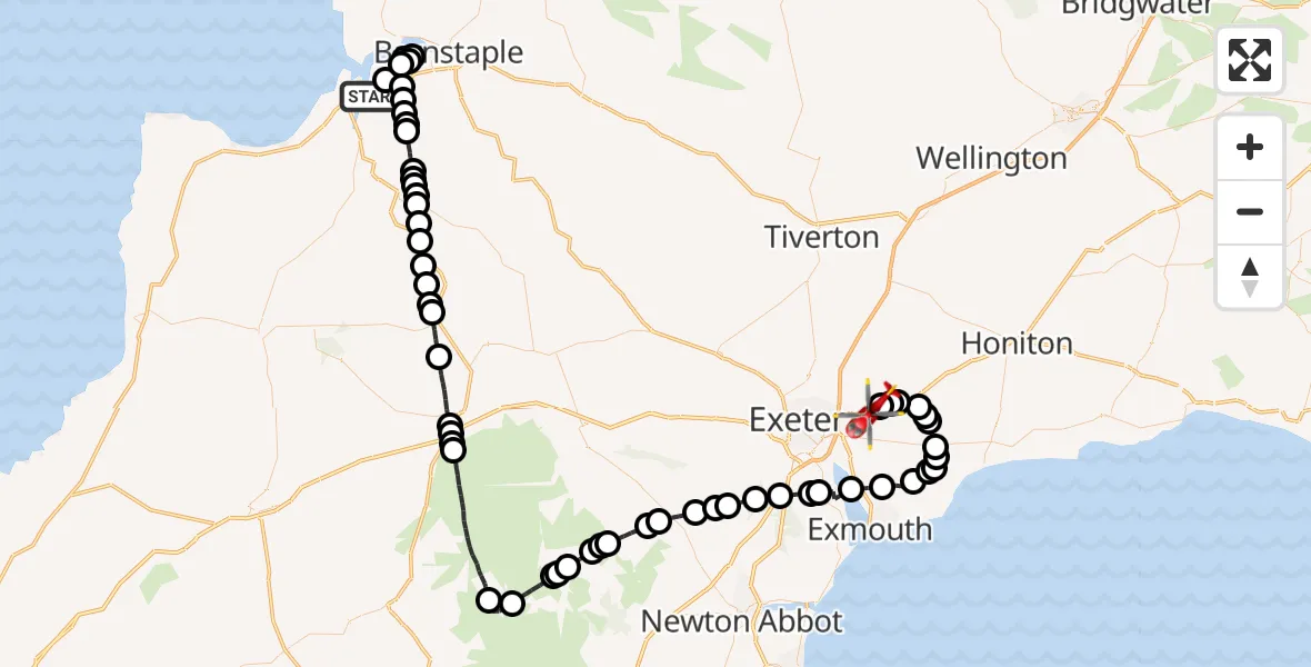Flight path map showing Air Ambulance Helicopter route from Instow to Exeter International Airport