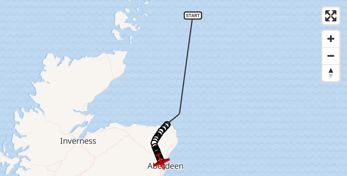 Flight path map showing Air Ambulance Aircraft route from North Sea to Aberdeen International Airport