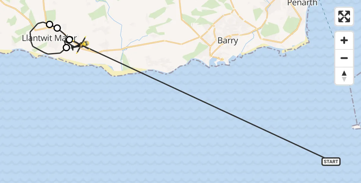 Flight path map showing Police Helicopter route from Bristol Channel to MOD St Athan