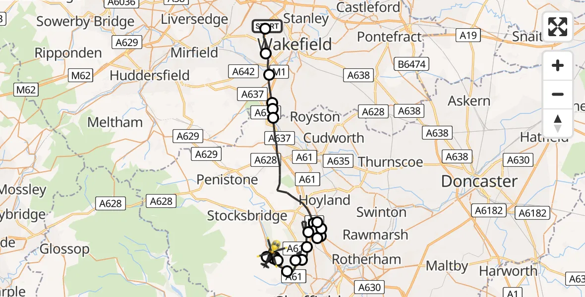 Flight path map showing Police Helicopter route from East Ardsley to Oughtibridge