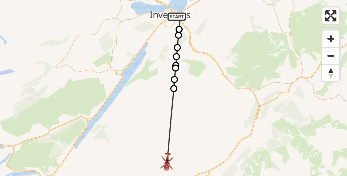 Flight path map showing Air Ambulance Helicopter route from Inverness to Highland