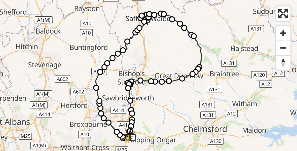 Flight path map showing Police Helicopter route from North Weald Airfield to North Weald Airfield