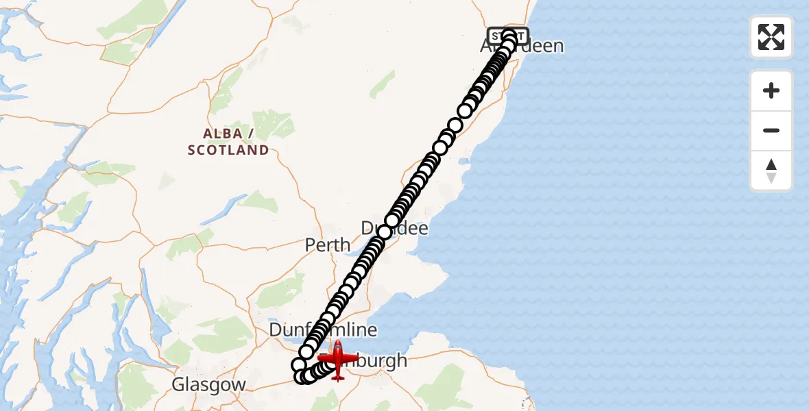 Flight path map showing Air Ambulance Aircraft route from Aberdeen International Airport to Edinburgh Airport