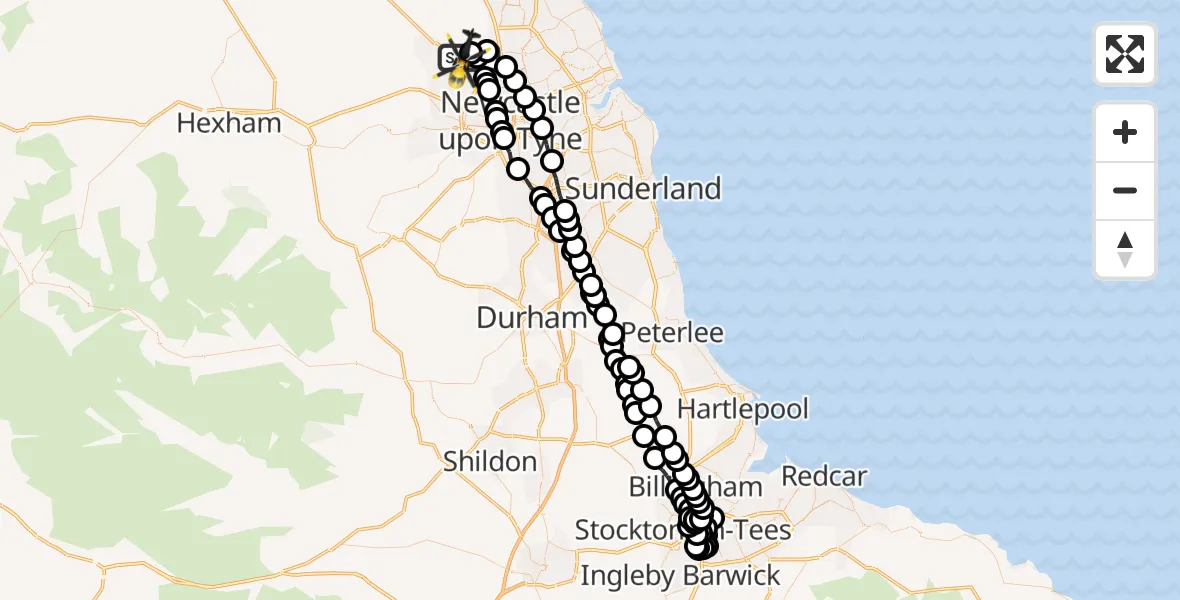 Flight path map showing Police Helicopter route from Newcastle International Airport to Newcastle International Airport