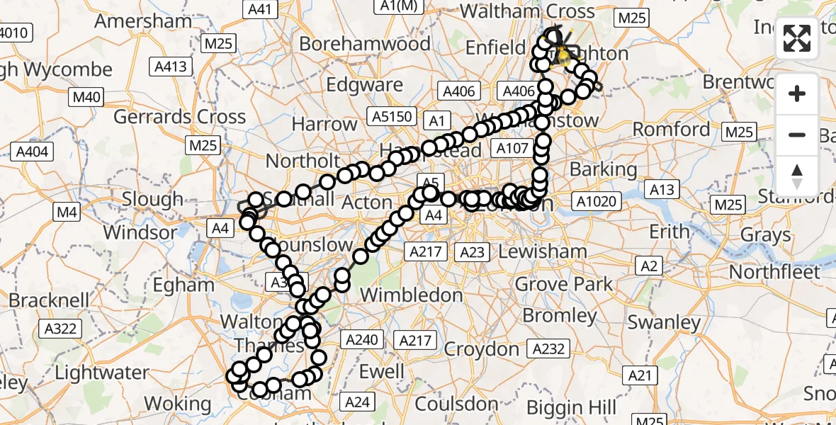Flight path map showing Police Helicopter route from Sewardstonebury to Metropolitan Police Air Support Unit Lippitts Hill
