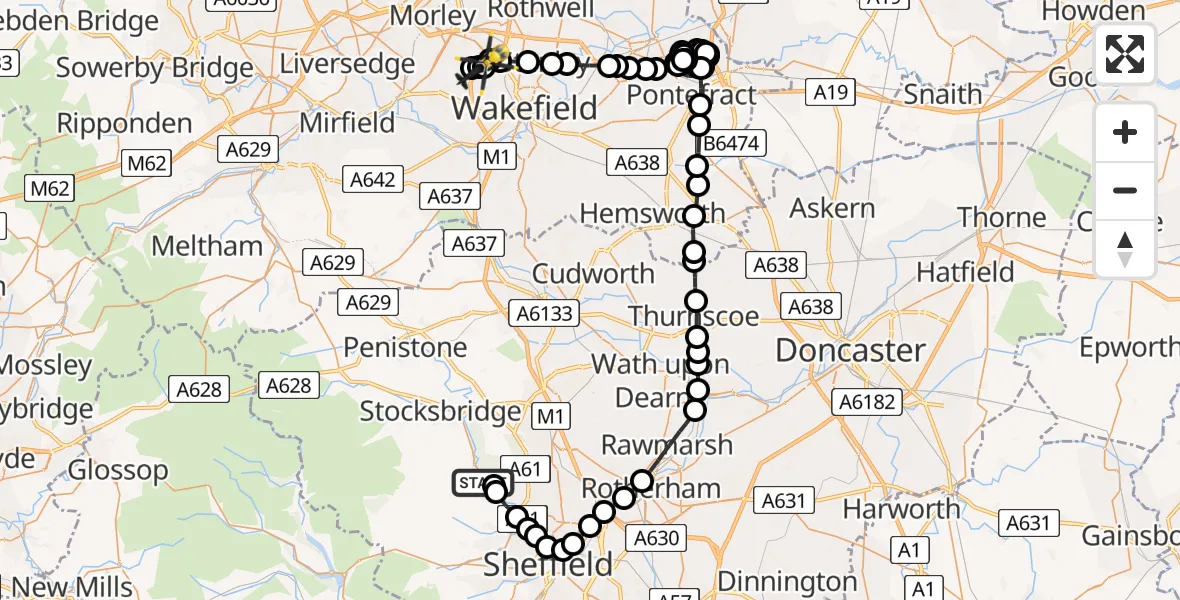Flight path map showing Police Helicopter route from Oughtibridge to East Ardsley