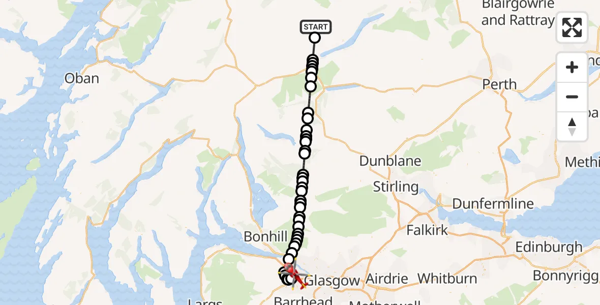 Flight path map showing Air Ambulance Helicopter route from Perth and Kinross to Glasgow Airport