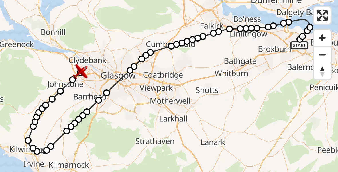 Flight path map showing Air Ambulance Aircraft route from Edinburgh Airport to Glasgow Airport