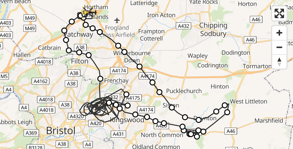 Flight path map showing Police Helicopter route from Almondsbury Helicopter Base to Almondsbury Helicopter Base