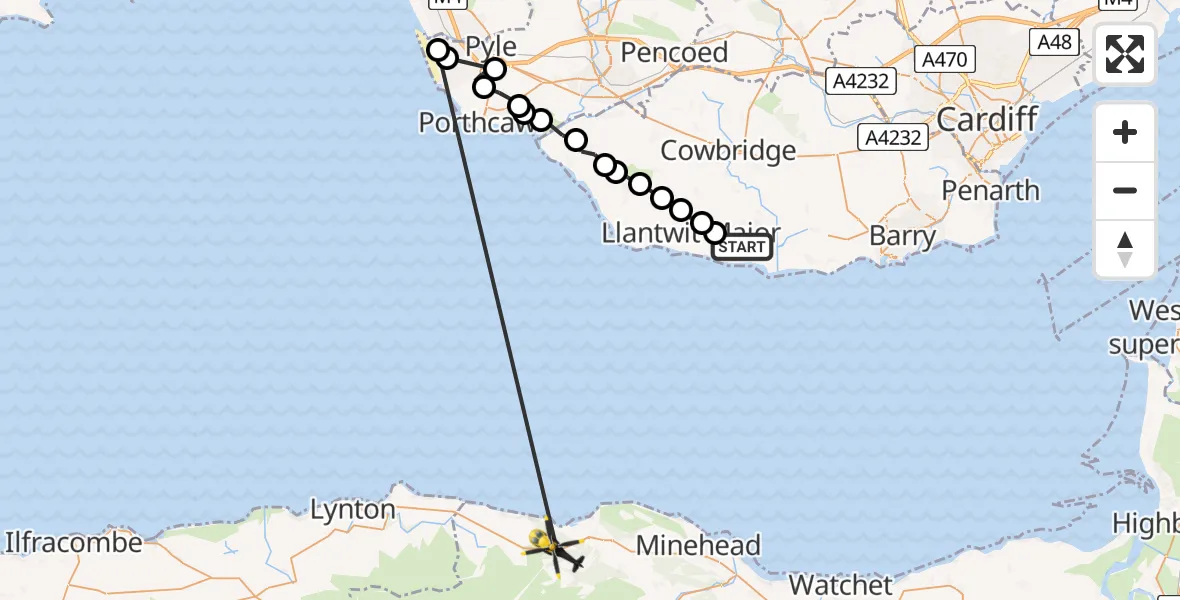 Flight path map showing Police Helicopter route from MOD St Athan to Porlock