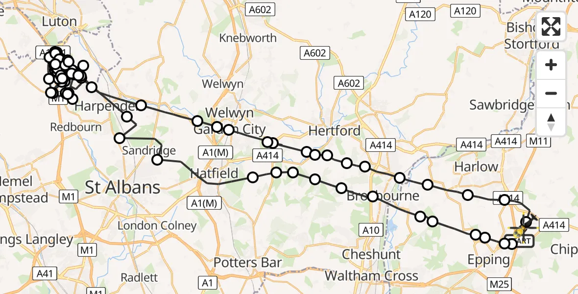 Flight path map showing Police Helicopter route from North Weald Airfield to North Weald Airfield