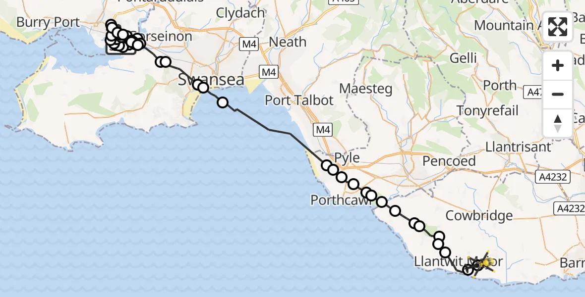 Flight path map showing Police Helicopter route from Llanelli to MOD St Athan