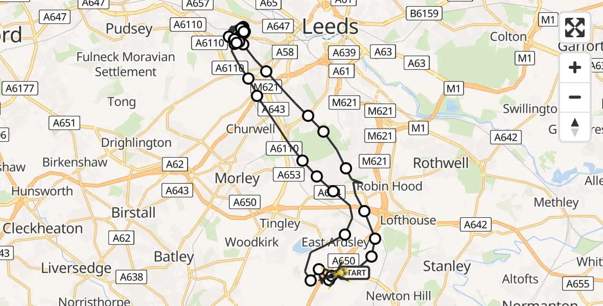 Flight path map showing Police Helicopter route from Wrenthorpe to Wrenthorpe