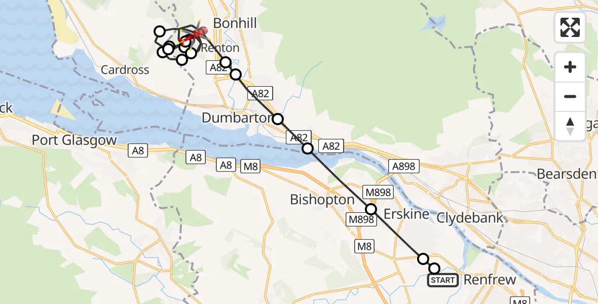 Flight path map showing Air Ambulance Helicopter route from Glasgow Airport to Renton