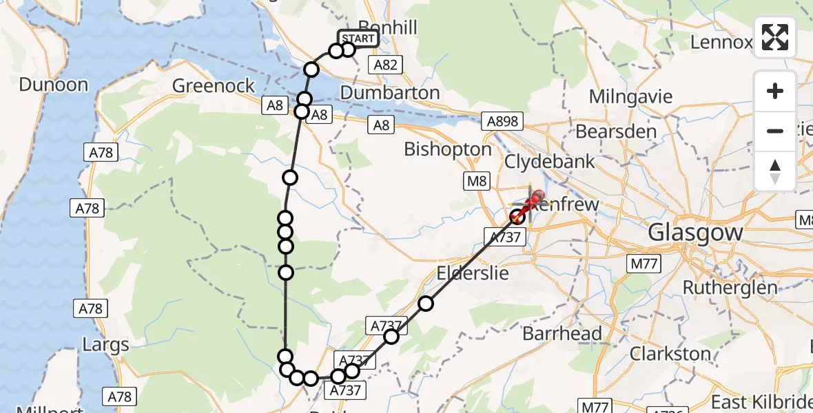 Flight path map showing Air Ambulance Helicopter route from Renton to Glasgow Airport