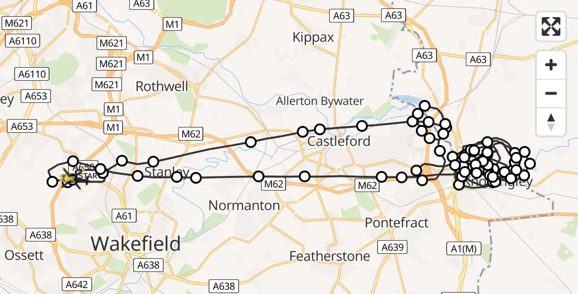 Flight path map showing Police Helicopter route from Carr Gate to East Ardsley