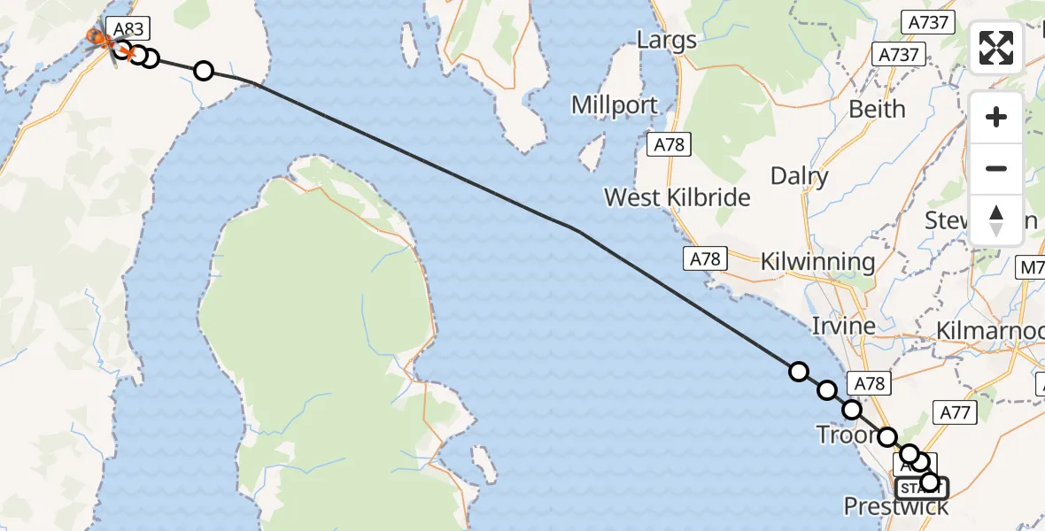 Flight path map showing Coastguard Helicopter route from Glasgow Prestwick Airport to Clachan