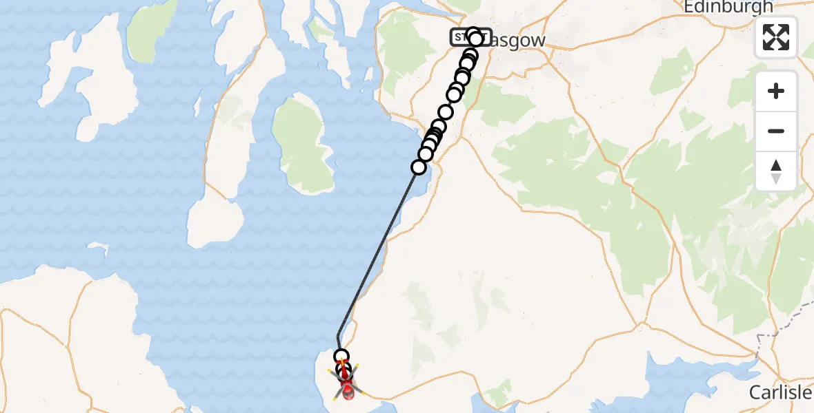 Flight path map showing Air Ambulance Helicopter route from Glasgow Airport to Stranraer