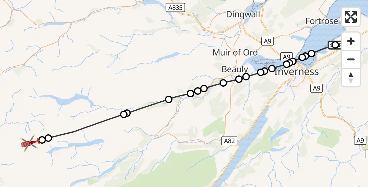 Flight path map showing Air Ambulance Helicopter route from Tornagrain to Highland