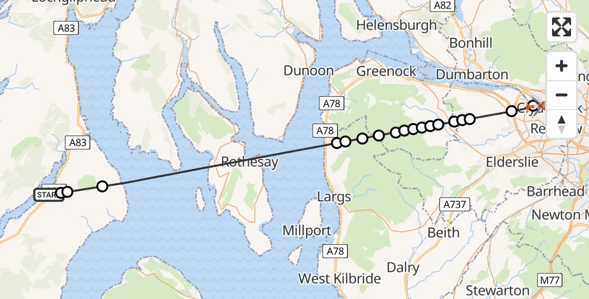 Flight path map showing Coastguard Helicopter route from Whitehouse to Clydebank