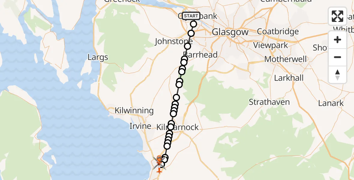 Flight path map showing Coastguard Helicopter route from Clydebank to Glasgow Prestwick Airport