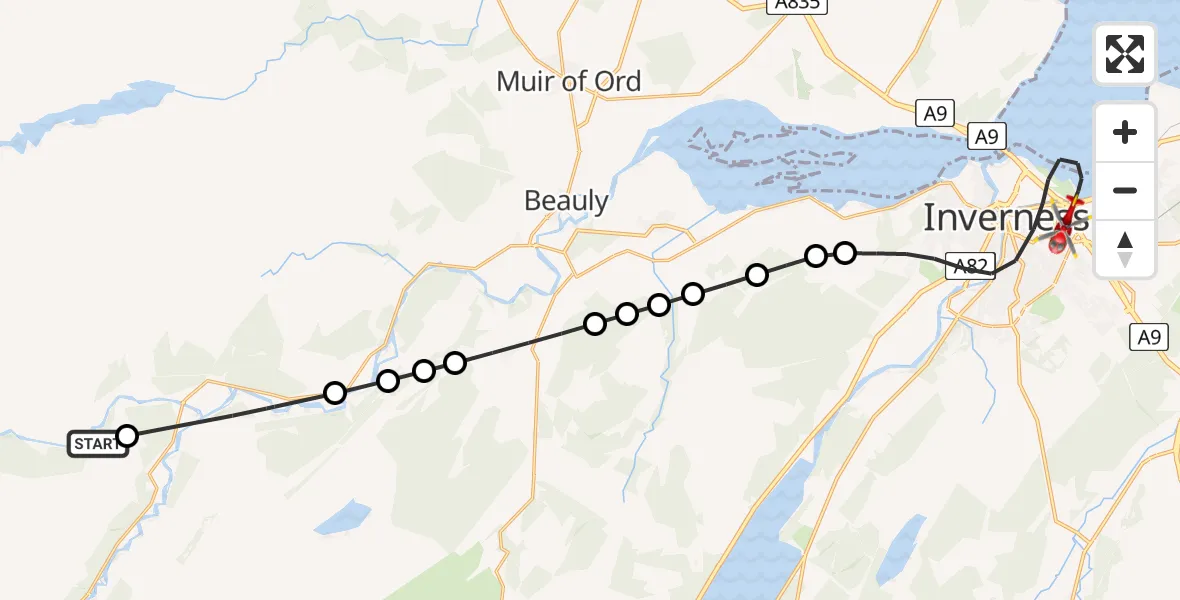 Flight path map showing Air Ambulance Helicopter route from Highland to Inverness