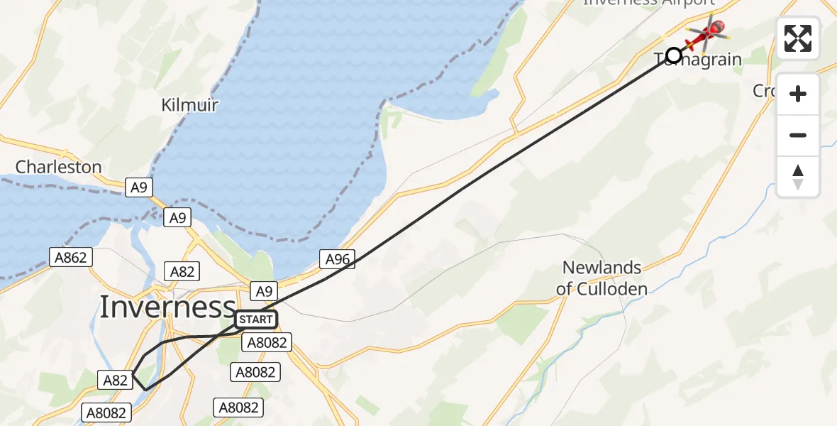Flight path map showing Air Ambulance Helicopter route from Inverness to Tornagrain
