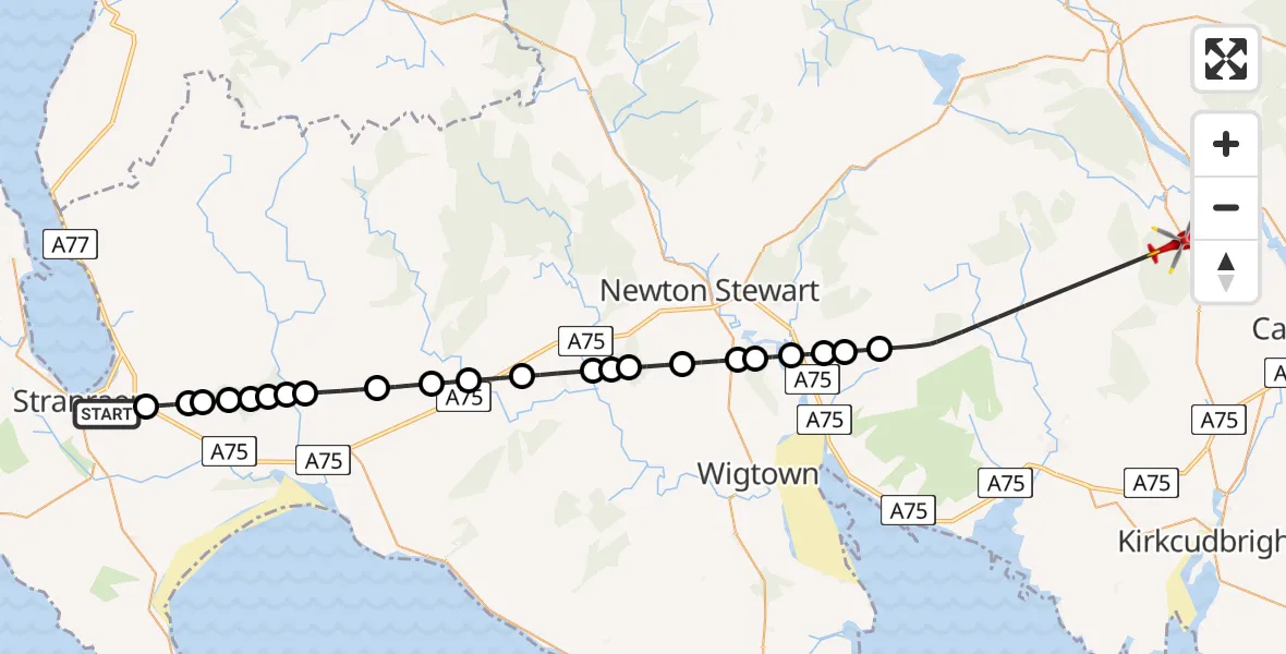 Flight path map showing Air Ambulance Helicopter route from Stranraer to Laurieston