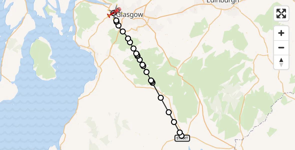 Flight path map showing Air Ambulance Helicopter route from Dumfries to Glasgow Airport