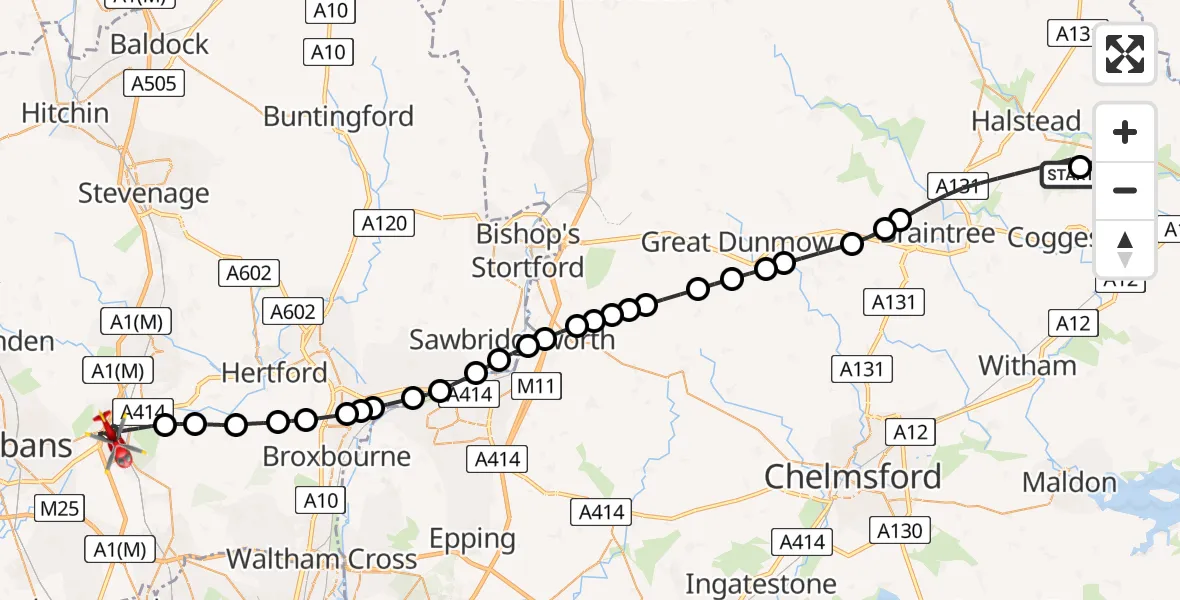 Flight path map showing Air Ambulance Helicopter route from Earls Colne Airfield to Hatfield