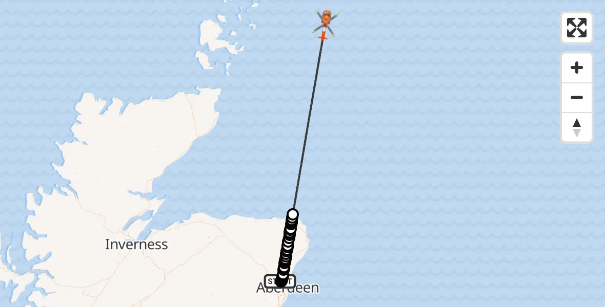 Flight path map showing Coastguard Helicopter route from Aberdeen International Airport to North Sea