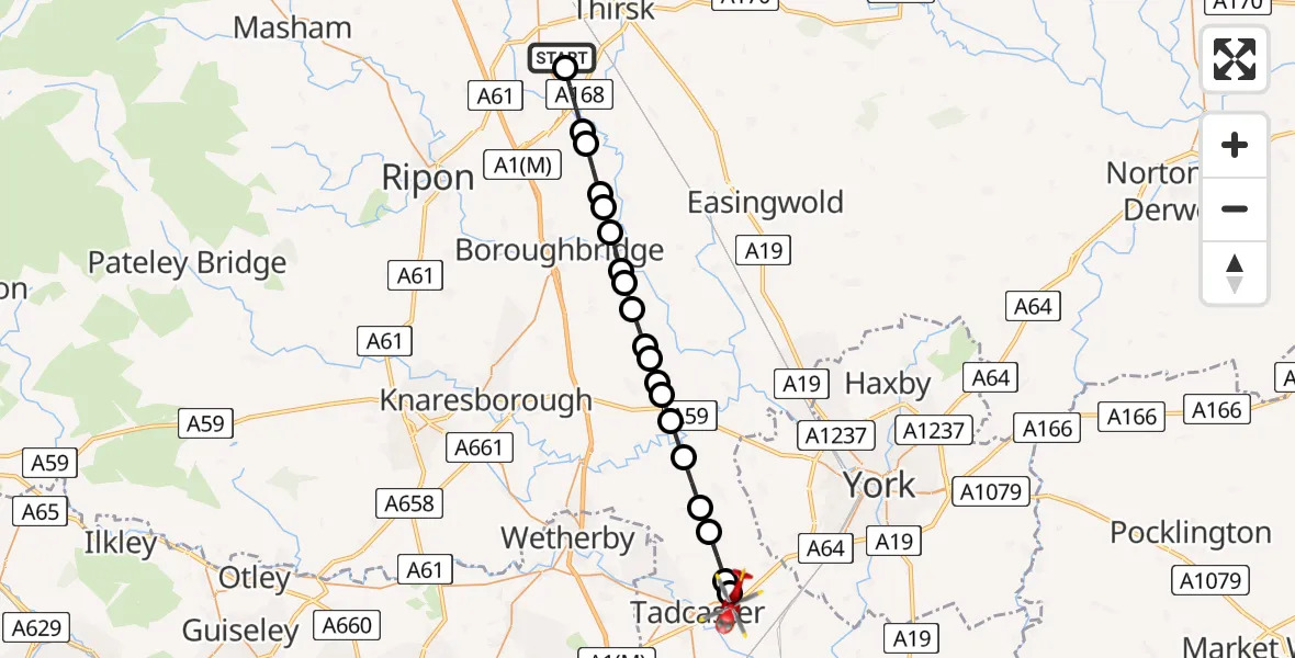 Flight path map showing Air Ambulance Helicopter route from RAF Topcliffe to Tadcaster