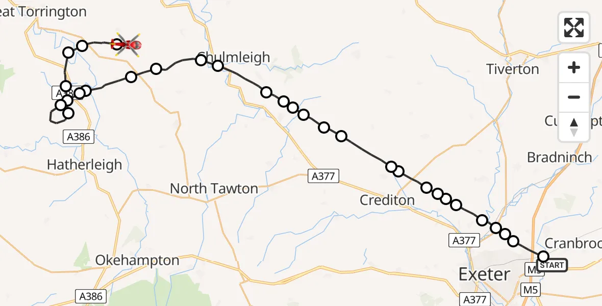 Flight path map showing Air Ambulance Helicopter route from Exeter International Airport to Torridge